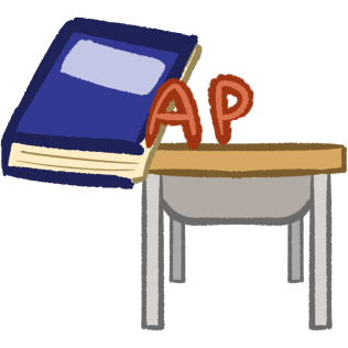 A school desk with a blue book and the letters 'AP'.